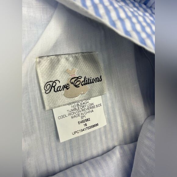 Rare Editions blue & white seersucker Sleeveless Flutter high low Dress sz 16 - Picture 5 of 8